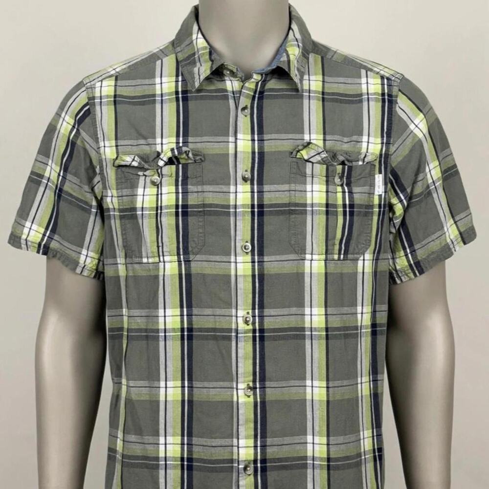 Woolrich Mens Shirt L Modern Gray Green Plaid Short Sleeve Double Pocket